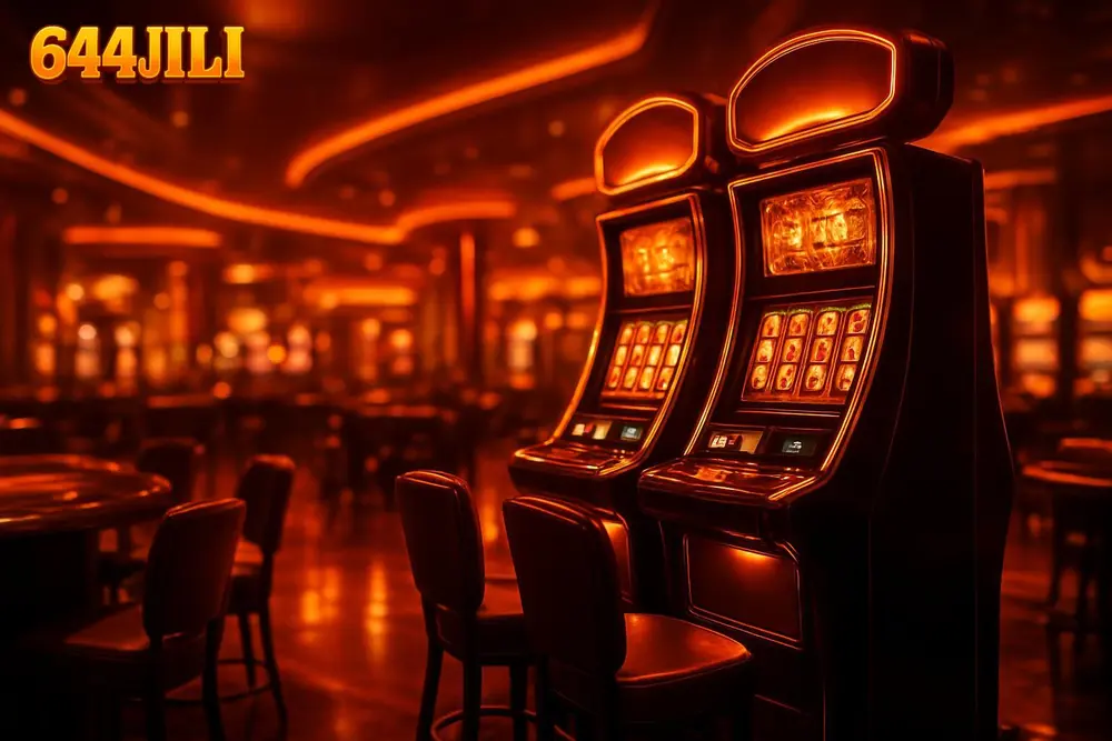 644JILI Bangladesh — a glowing orange-lit casino lobby with slot machines and card tables